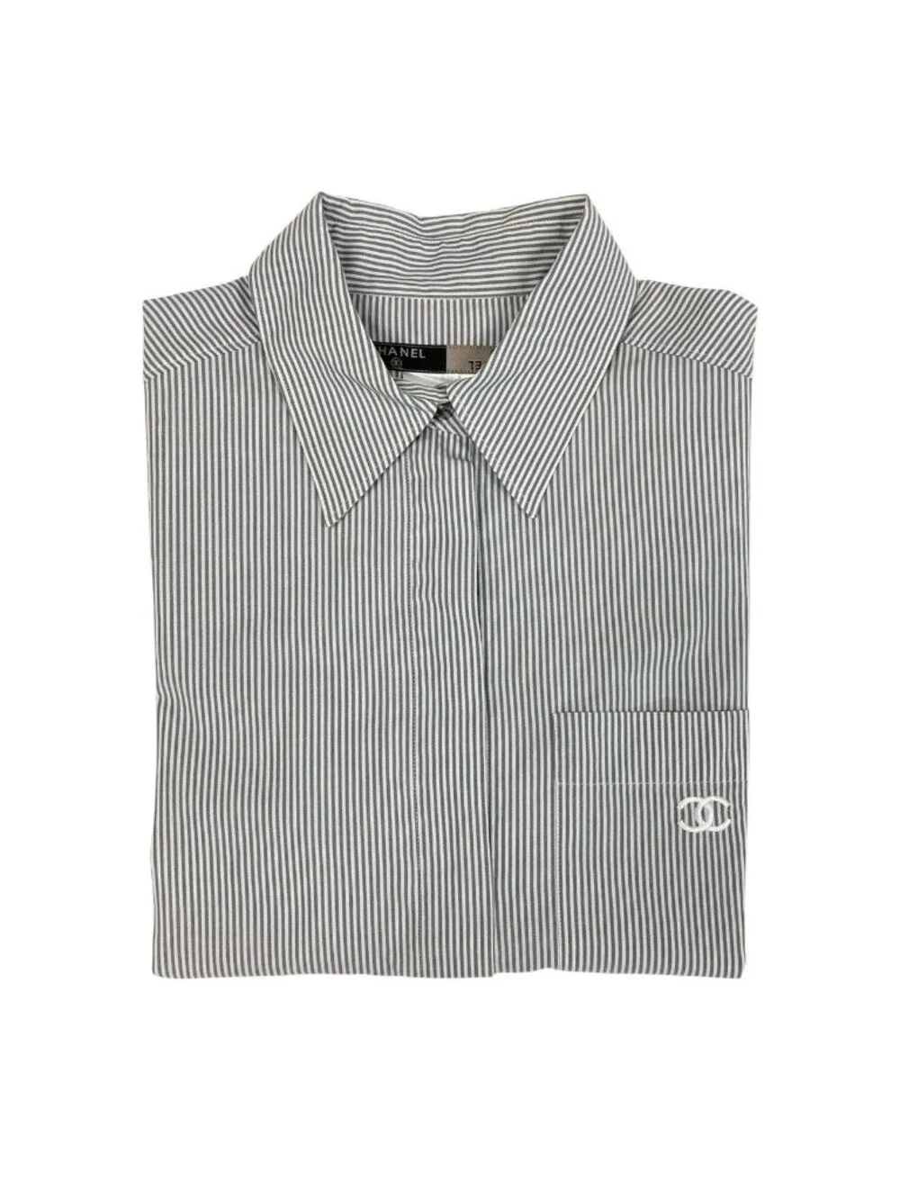 Chanel CC Logo Short Sleeve Striped Shirt 38 Gray White Cotton